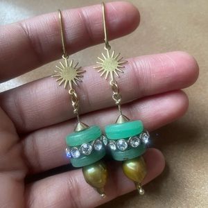 Baroque freshwater pearl glass bead and rhinestone charm earrings